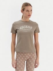 Guess T-Shirt V6RI02 J1314 Beżowy Regular Fit. Brązowe t-shirty damskie Guess, m, z aplikacjami, z bawełny, bez kołnierzyka, bez ramiączek. Za 159.99 zł.