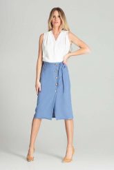 Spódnica Midi w Kratkę z Guzikami - Niebieska. Niebieskie spódnice damskie Figl, s, bez wzorów, z materiału, midi, trapezowe. Za 209.00 zł.