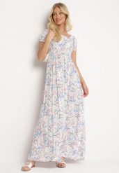 Biało-Niebieska Rozkloszowana Sukienka w Kwiaty z Marszczonym Dekoltem Disteria. Białe sukienki damskie Born2be, na imprezę, na lato, l, bez wzorów, z jeansu, eleganckie, bez kołnierzyka, bez ramiączek, maxi, rozkloszowane. Za 49.99 zł.