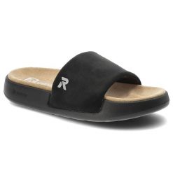 Klapki damskie Rieker, cholewka z tworzywa wsuwany fason szeroki pasek z przodu, czarne, W3250-00. Czarne klapki damskie Rieker, bez wzorów, bez obcasa, bez zapięcia. Za 249.00 zł.