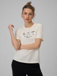 4F T-shirt regular z nadrukiem damski - beżowy M. Brązowe t-shirty damskie 4F, m, bez wzorów, z bawełny, bez kołnierzyka, bez ramiączek. W wyprzedaży za 49.99 zł.