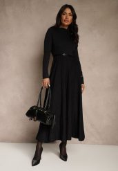 Czarna Dzianinowa Sukienka Rozkloszowana Longsleeve z Wiskozą i Paskiem Tusnira. Czarne sukienki damskie Renee, na co dzień, m, bez wzorów, z dzianiny, eleganckie, bez kołnierzyka, bez ramiączek, maxi, proste. Za 169.99 zł.
