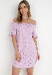 Fioletowa Sukienka Hermusa. Fioletowe sukienki damskie Born2be, na lato, s, z aplikacjami, z bawełny, bez kołnierzyka, bez ramiączek, mini. Za 24.99 zł.