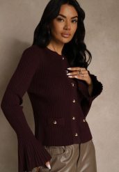 Bordowy Elegancki Prążkowany Kardigan z Wiskozą Guzikami i Rozszerzanymi Rękawami Otila. Czerwone kardigany damskie Renee, s, bez wzorów, z jeansu, eleganckie, bez kołnierzyka. Za 89.99 zł.