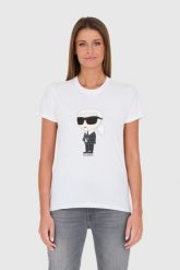 KARL LAGERFELD Biały t-shirt Karl. Białe t-shirty damskie KARL LAGERFELD, s, bez wzorów, z bawełny, bez kołnierzyka, bez ramiączek. W wyprzedaży za 197.99 zł.
