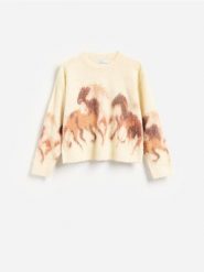 Sweter ze zwierzęcym motywem - wielobarwny. Swetry nierozpinane damskie Reserved, l, bez wzorów, z dzianiny, bez kołnierzyka, bez ramiączek. Za 139.99 zł.
