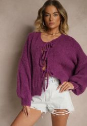 Fioletowy Kardigan z Wełną o Kroju Oversize z Wiązanymi Kokardami Elearina. Fioletowe kardigany damskie Renee, bez wzorów, z jeansu, eleganckie, bez kołnierzyka. Za 139.99 zł.