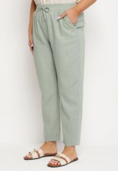 Zielone Spodnie z Lnem i Elastyczną Gumką w Pasie Nativena. Zielone spodnie materiałowe damskie Born2be, bez wzorów, z jeansu, plus size. Za 69.99 zł.