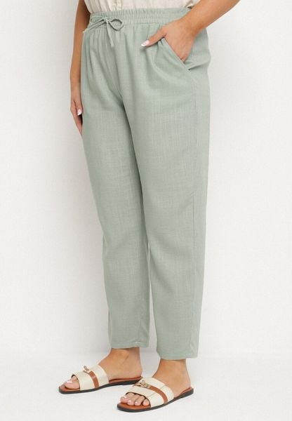 Zielone Spodnie z Lnem i Elastyczną Gumką w Pasie Nativena. Zielone spodnie materiałowe damskie Born2be, bez wzorów, z jeansu, plus size. Za 69.99 zł.