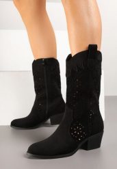 Czarne Ażurowe Botki na Obcasie w Stylu Kowbojek Lissemi. Czarne botki damskie Born2be, na jesień, w ażurowe wzory, z jeansu, eleganckie, bez obcasa, na obcasie, bez zapięcia. Za 129.99 zł.