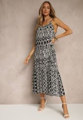 Czarna Bawełniana Sukienka w Geometryczny Wzór Koloniela. Czarne sukienki damskie Renee, na co dzień, l, bez wzorów, z bawełny, eleganckie, bez kołnierzyka, bez ramiączek, midi. Za 39.99 zł.