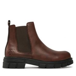 Botki Rieker. Brązowe botki damskie Rieker, bez wzorów, bez obcasa, na płaskiej podeszwie, bez zapięcia. Za 419.99 zł.