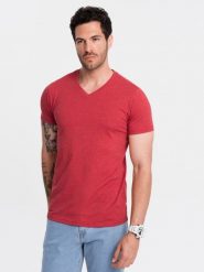 Klasyczna męska bawełniana koszulka z dekoltem w serek BASIC – czerwony melanż V17 - Rozmiar: L. Czerwone t-shirty męskie Ombre Clothing, l, bez wzorów, z bawełny, bez kołnierzyka, bez ramiączek. W wyprzedaży za 24.99 zł.