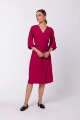 Sukienka elegancka kopertowa z bufiastymi rękawami śliwka. Fioletowe sukienki damskie Stylove, do pracy, m, bez wzorów, z elastanu, biznesowe, bez kołnierzyka, bez ramiączek, dopasowane. Za 189.00 zł.