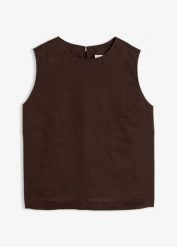Krótki top z czystego lnu. Brązowe topy damskie bonprix, bez wzorów, bez kołnierzyka, bez ramiączek. Za 129.99 zł.