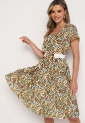 Beżowo-Zielona Wiskozowa Sukienka Rozkloszowana we Wzór Paisley Mastis. Brązowe sukienki damskie Born2be, na imprezę, uniwersalny, bez wzorów, z wiskozy, eleganckie, bez kołnierzyka, bez ramiączek, midi, rozkloszowane. Za 64.99 zł.