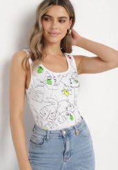 Biały Top Bawełniany z Florystycznym Motywem Bileria. Białe topy damskie Born2be, s, bez wzorów, z bawełny, bez kołnierzyka, bez ramiączek. Za 9.99 zł.