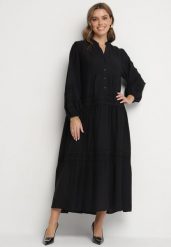 Czarna Rozkloszowana Sukienka z Wiskozy z Koronkowymi Wstawkami Nalanieth. Czarne sukienki damskie Born2be, na co dzień, l, bez wzorów, z koronki, eleganckie, bez kołnierzyka, bez ramiączek, maxi, kopertowe. Za 159.99 zł.