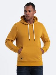 Bluza męska z kapturem nierozpinana - musztardowa V4. Bluzy męskie Ombre Clothing, l, bez wzorów, z bawełny, bez ramiączek, z kapturem. W wyprzedaży za 29.99 zł.