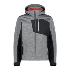 Kurtka z kapturem softshell w dzianinowy wzór CMP. Szare kurtki sportowe męskie CMP, bez wzorów, z dzianiny, z kapturem, trekkingowe. Za 506.50 zł.