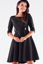 Rozkloszowana Sukienka z Ozdobnymi Guzikami w Pasie - Czarna. Czarne sukienki damskie Awama, l, bez wzorów, z elastanu, wizytowe, bez kołnierzyka, bez ramiączek, rozkloszowane. Za 275.90 zł.
