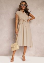 Beżowa Sukienka Midi z Guzikami i Materiałowym Paskiem Nylalik. Brązowe sukienki damskie Renee, bez wzorów, z materiału, bez kołnierzyka, bez ramiączek, midi. Za 69.99 zł.