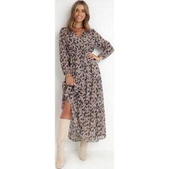 Czarno-Beżowa Sukienka Kopertowa z Gumką w Talii Moshei. Brązowe sukienki damskie Born2be, l, bez wzorów, z materiału, boho, bez kołnierzyka, bez ramiączek, maxi, kopertowe. Za 64.99 zł.