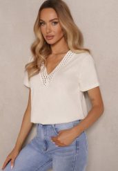 Beżowy Bawełniany T-shirt z Wiskozą i Ażurowym Wzorem Fenirea. Brązowe t-shirty damskie Renee, m, w ażurowe wzory, z bawełny, eleganckie, bez kołnierzyka, bez ramiączek. Za 69.99 zł.