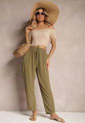 Ciemnozielone Spodnie z Troczkiem w Pasie Kiolia. Zielone spodnie materiałowe damskie Renee, bez wzorów, z jeansu, eleganckie. Za 39.99 zł.