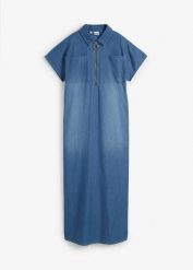 Sukienka dżinsowa maxi. Niebieskie sukienki damskie bonprix, bez wzorów, bez kołnierzyka, bez ramiączek, maxi. Za 147.99 zł.