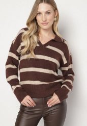 Brązowy Sweter w Paski z Wełną i Dekoltem z Kołnierzykiem Tevana. Brązowe swetry nierozpinane damskie Born2be, uniwersalny, bez wzorów, z dzianiny, eleganckie, bez kołnierzyka, bez ramiączek. Za 149.99 zł.