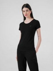 4F T-shirt slim gładki damski S. Czarne t-shirty damskie 4F, s, bez wzorów, z bawełny, biznesowe, bez kołnierzyka, bez ramiączek. W wyprzedaży za 39.99 zł.