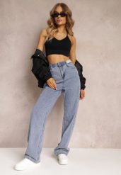 Niebieskie Szerokie Jeansy High Waist Onte. Niebieskie jeansy damskie Renee, z aplikacjami, z jeansu, z podwyższonym stanem. Za 89.99 zł.