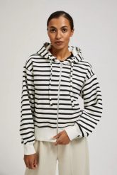 Bluza w cienkie paski z kapturem zapinana na zamek czarno-biała. Białe bluzy damskie MOODO, m, bez wzorów, bez ramiączek, z kapturem. W wyprzedaży za 69.99 zł.