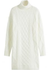 Sukienka dzianinowa w warkocze. Białe sukienki damskie bonprix, bez wzorów, z dzianiny, eleganckie, bez kołnierzyka, bez ramiączek. Za 132.99 zł.