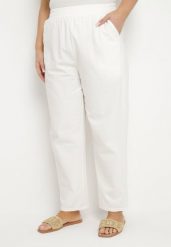Białe Klasyczne Spodnie Bawełniane z Gumką w Pasie Olozi. Białe spodnie materiałowe damskie Born2be, bez wzorów, z bawełny, eleganckie, plus size. Za 54.99 zł.