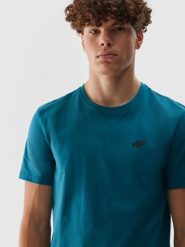 4F T-shirt regular gładki męski - turkusowy S. Niebieskie t-shirty męskie 4F, m, bez wzorów, z bawełny, bez kołnierzyka, bez ramiączek. W wyprzedaży za 39.99 zł.