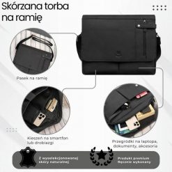 Męska czarna skórzana torba na ramie na laptopa vintage Paolo Peruzzi T-148-HBL. Czarne torby na laptopa damskie bez wzorów, ze skóry. Za 389.00 zł.