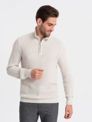 Sweter męski dzianinowy z rozpinaną stójką - kremowy V1 OM-SWZS-0105 - XXL. Białe swetry męskie Ombre Clothing, m, bez wzorów, z bawełny, bez kołnierzyka, bez ramiączek. W wyprzedaży za 89.99 zł.