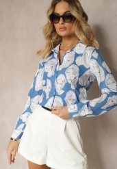 Niebieska Koszula z Artystycznym Printem w Twarze Frumelia. Niebieskie koszule damskie Renee, m, bez wzorów, z jeansu, biznesowe, bez kołnierzyka, bez ramiączek. Za 59.99 zł.