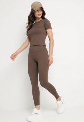 Brązowy Komplet Sportowy Legginsy i Dopasowany T-shirt Silendria. Brązowe legginsy damskie Born2be, l, bez wzorów, na fitness i siłownię. Za 119.99 zł.