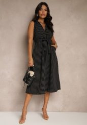 Czarna Koszulowa Sukienka Bez Rękawów z Wiązanym Paskiem Lideene. Czarne sukienki damskie Renee, na co dzień, bez wzorów, eleganckie, bez kołnierzyka, bez ramiączek, midi, kopertowe. Za 89.99 zł.