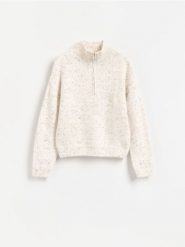 Sweter ze stójką - złamana biel. Swetry nierozpinane damskie Reserved, l, bez wzorów, z dzianiny, bez kołnierzyka, bez ramiączek. Za 139.99 zł.