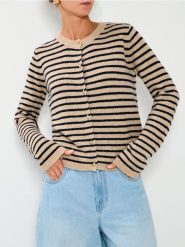 Rozpinany sweter w paski - beżowy. Brązowe kardigany damskie Sinsay, l, bez wzorów, bez kołnierzyka. Za 49.99 zł.