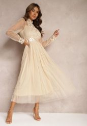 Jasnobeżowa Siateczkowa Sukienka Maxi o Rozkloszowanym Kroju z Ozdobną Koronką Narile. Brązowe sukienki damskie Renee, m, bez wzorów, z koronki, eleganckie, bez kołnierzyka, bez ramiączek, maxi, rozkloszowane. Za 179.99 zł.