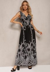 Czarna Sukienka z Gumką w Pasie i Troczkami na Ramionach z Roślinnym Wzorem Ahnipeda. Czarne sukienki damskie Renee, na spotkanie biznesowe, l, bez wzorów, eleganckie, bez kołnierzyka, bez ramiączek, maxi. Za 59.99 zł.