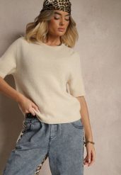 Beżowy Sweter o Fasonie T-shirtu z Wełną Dannirae. Brązowe swetry nierozpinane damskie Renee, bez wzorów, z jeansu, casualowe, bez kołnierzyka, bez ramiączek. Za 139.99 zł.
