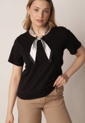 Czarny T-shirt z Bawełny w Klasycznym Stylu z Apaszką Bluestel. Czarne t-shirty damskie Born2be, l, bez wzorów, z bawełny, biznesowe, bez kołnierzyka, bez ramiączek. Za 69.99 zł.