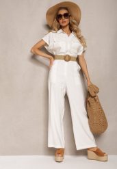 Biały Kombinezon w Stylu Utility z Koszulową Górą i Plecionym Paskiem Dexara. Białe sukienki damskie Renee, na co dzień, l, bez wzorów, eleganckie, bez kołnierzyka, bez ramiączek, mini, koszulowe. Za 139.99 zł.