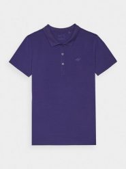 4F Koszulka polo slim damska - granatowa XL. Niebieskie bluzki damskie 4F, xl, bez wzorów, z bawełny, klasyczne, bez kołnierzyka, bez ramiączek. Za 89.99 zł.